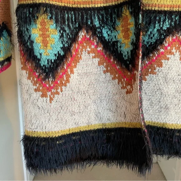 MaxSport Aztec Open Front Cardigan Hood Sweater Western Tribal Ivory/Turquoise - Picture 2 of 12